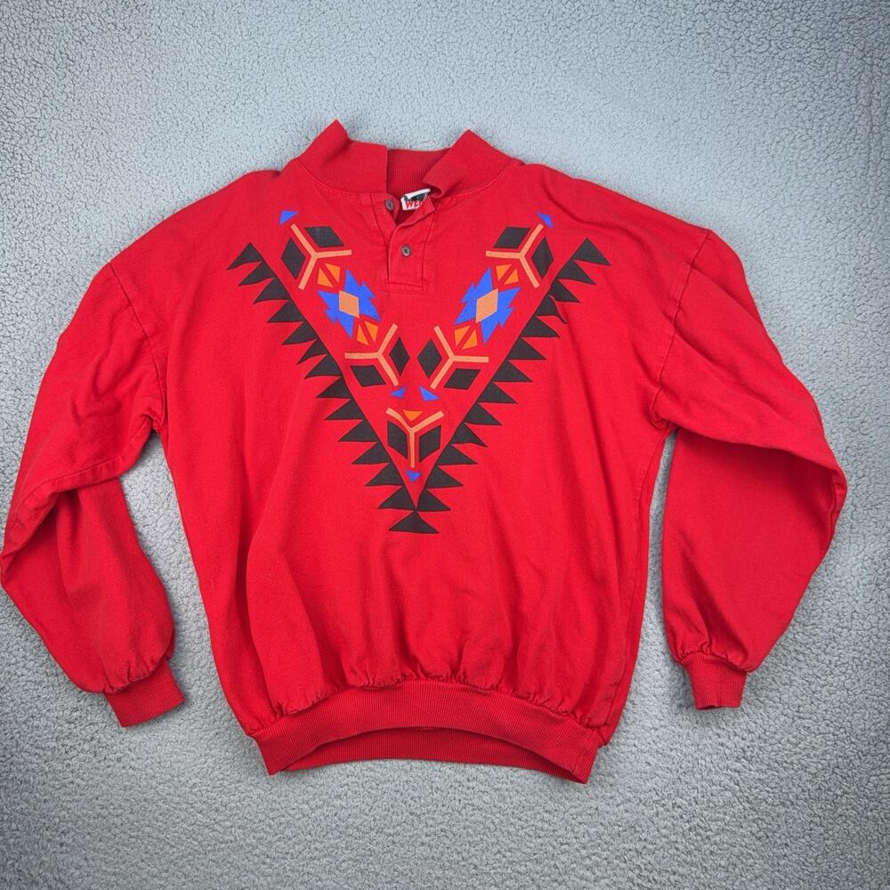 Vintage WEK Sweatshirt Mens Medium Red Southwestern Geometric Pullover 80s 90s